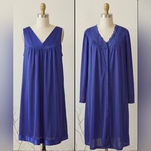​VTG Vanity Fair Indigo Blue Peignoir Set - Nightgown & Robe - XL - Made in USA